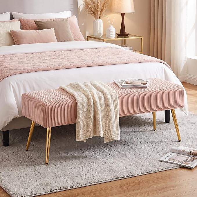 44 Inch Bedroom Bench, Modern Ottoman End of Bed Bench, Upholstered Corduroy by FurnilivingFurnitureforHome