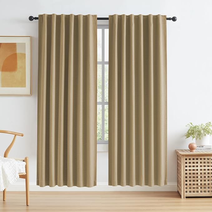 Burlap Linen Blackout Curtains 72 Inches Long, Back Tab Rod Pocket Hook Belt by KEQIAOSUOCAI