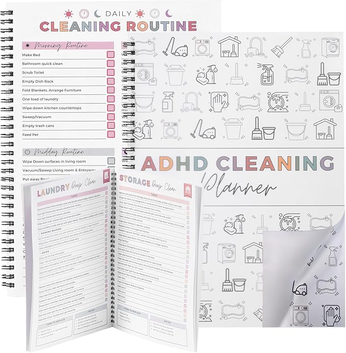 ADHD Cleaning Planner‌, Cleaning Plan Schedule and Checklist‌ for Adults and Teens, Adhd Cleaning and Organizing Planner, Daily Weekly Monthly Checklist for Home, Reusable ‌DIY Household Cleaning Planner‌