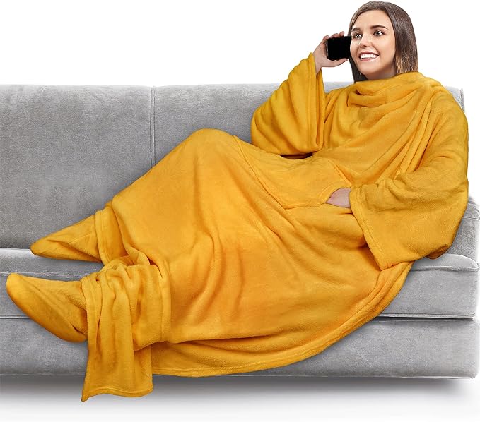 PAVILIA Fleece Blanket with Sleeves, Foot Pockets for Women Men Adults, Plush Wearable Blanket Throw Wrap, Warm Snuggle Blanket Robe, Cozy Gift Ideas Wife Mom, Mustard Yellow