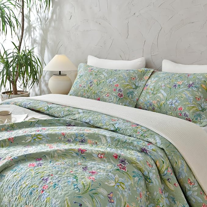 QSH 100% Cotton Quilt King Size Bedding Set 3Pcs Green Floral Quilt Set Summer - Image 4