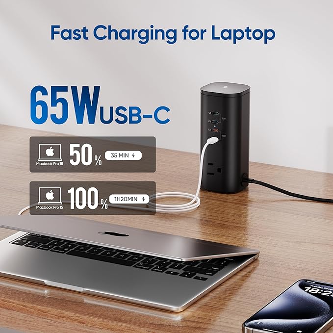 Flat Plug Surge Protector Tower, TenTrend Power Strip Tower with Surge Protection, 3 AC Outlets & 8 USB Ports, 5FT Extension Cord, 115W Total Fast Charging Tower for Multiple Devices