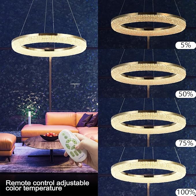 LYICYIU 23.6" Round Crysrtal Stainless Steel Pendant Lamp,3Color LED Dimmable Flush Mount Crystal Chandelier Light with Remote Control for Bedroom,Living Room, Island Entryway,Hallway Foyer (Hanging)