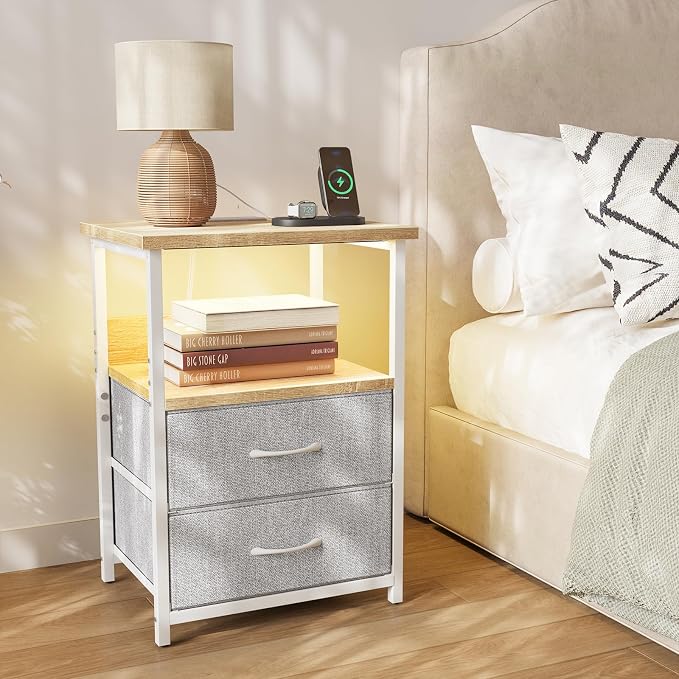 Fixwal Night Stand with Charging Station, Led Nightstand, 2 Fabric Drawers | - Image 5