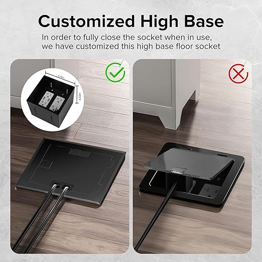 Vagueior Recessed Flat Hidden Floor Electrical Outlet Box Kit,Stainless Steel Cover with 4 * 20A Tamper-Resistant Receptacle Outlet and 5V/4.8A USB Port,UL Certified,Black