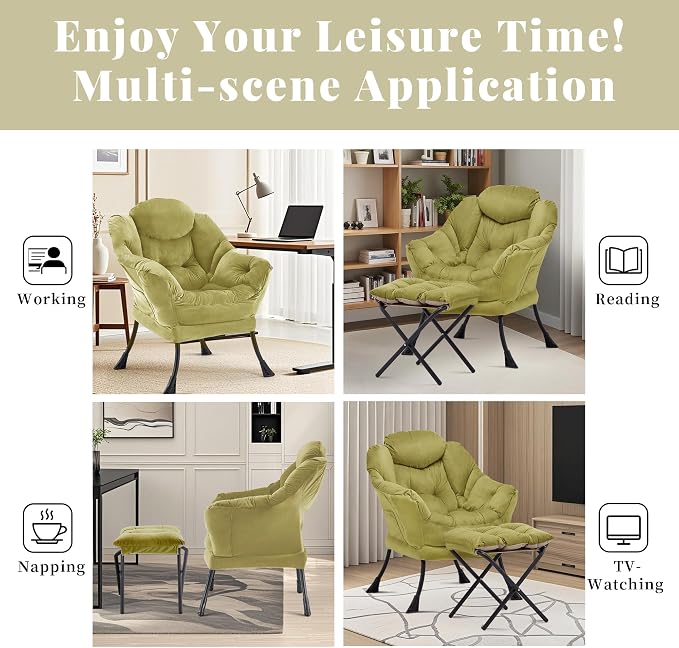 Lazy Chair with Ottoman, Comfy Reading Chair, Olive Green | Cushioned Seat with - Image 7