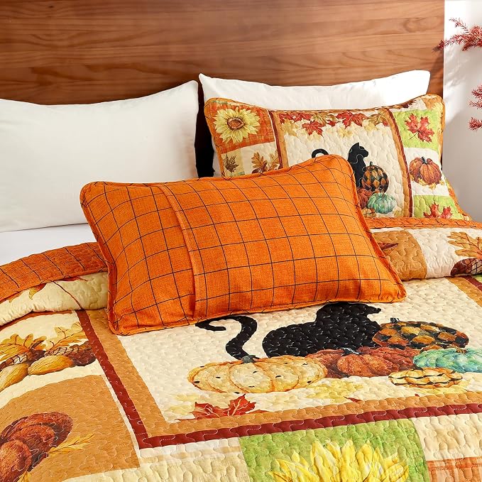 Yiran Happy Thanksgiving Harvest Fall Quilt Set Queen Size | Pumpkin Maple - Image 3