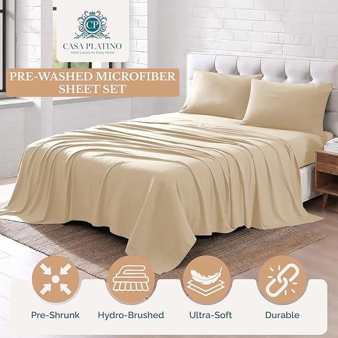 Casa Platino Twin Size Bedding Set, Pre-Washed Ultra Soft & Breathable Cooling Sheets Twin Size Bed Set, 100% Brushed Microfiber Sheet Set, Twin Sheet Set Deep Pockets - Linen