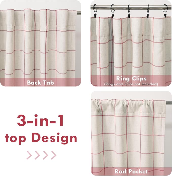DriftAway 100% Blackout Plaid Linen Curtains 102 Inches Long 2 Panels Red | - Image 5
