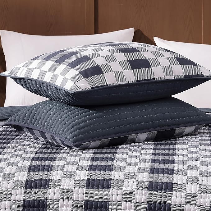 King Quilt-Lightweight Bedspread Plaid Quilt King Size Quilt Bedding Set | Navy - Image 5