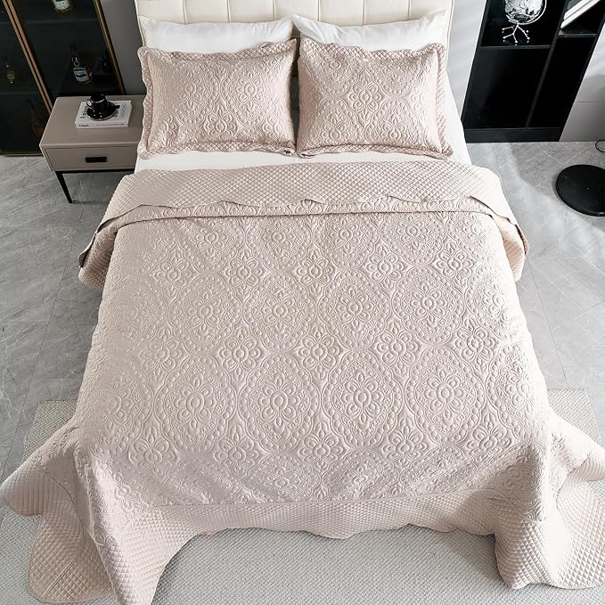 Cmfshape Floral Embroidery Quilt Set, 3 Pieces King Quilt Bedding Set, - Image 4