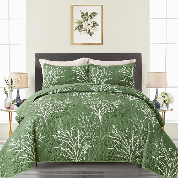 DJY Green Quilt Set Queen Size Branch Bedspread Coverlet Set, 3 Piece Olive by HOME
