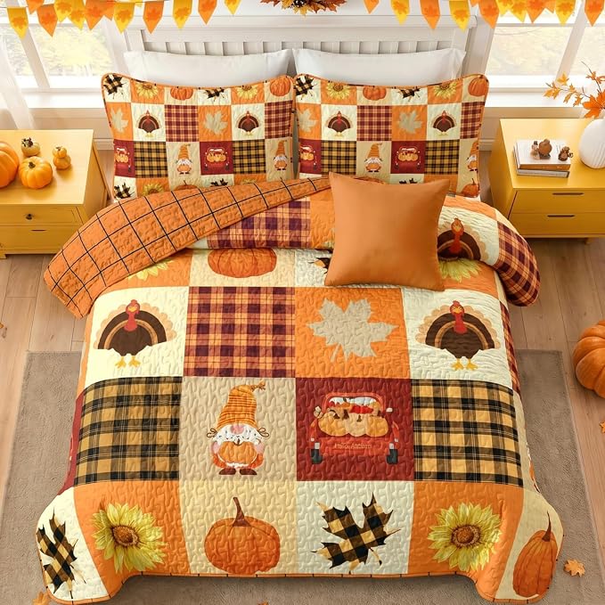Fall Patchwork Quilt Set Queen Size 3 Piece Thanksgiving Bedding Set Orange | - Image 3