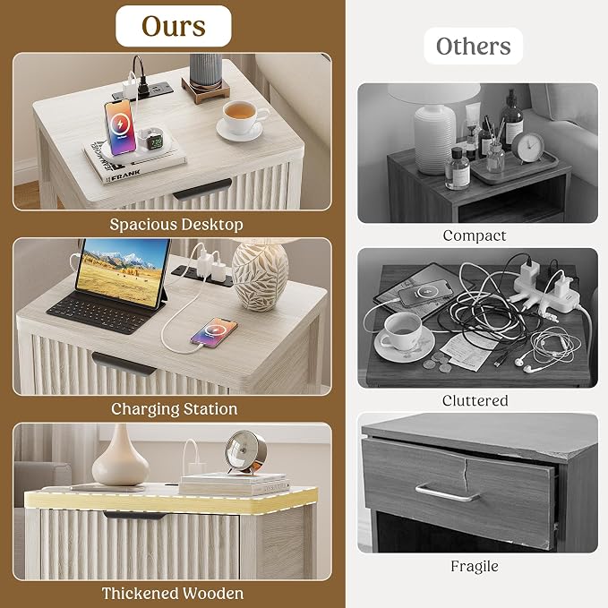 Night Stand Set 2, Fluted Wood Nightstands w/Charging Station - Image 4