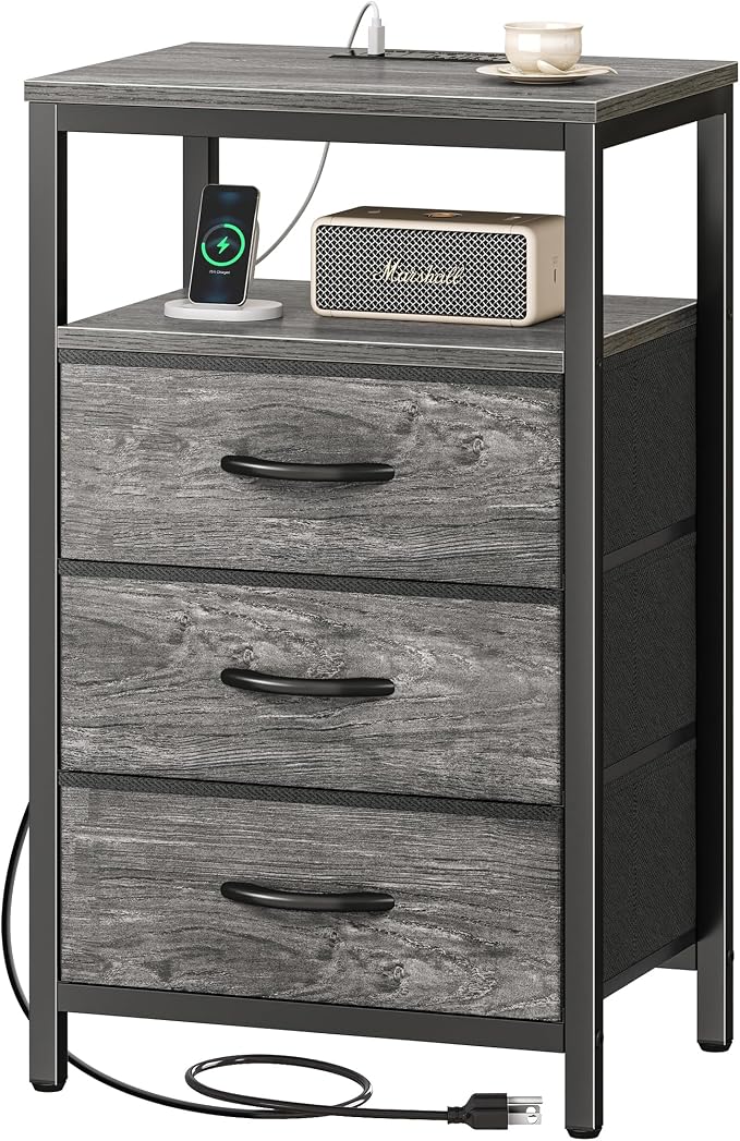 Huuger Nightstand with Charging Station, 27.6 Inch Bedside Table, Side Table | - Image 9
