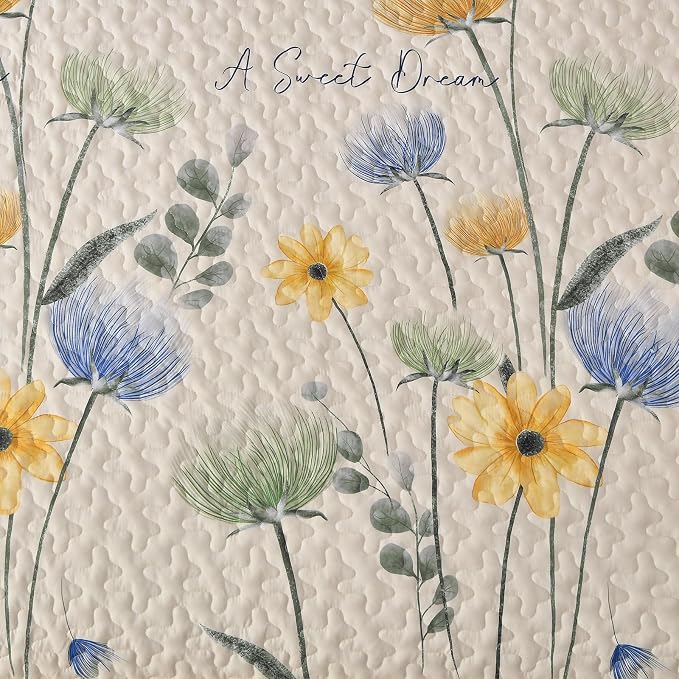 Dinjoy King Size Quilt Set, Floral Printed Bedspread Coverlet Set | Yellow Blue - Image 6