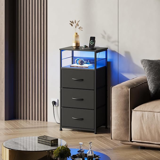 WLIVE Nightstand with Charging Station, 31.9" H Nightstand with 3 Fabric Drawers - Image 7