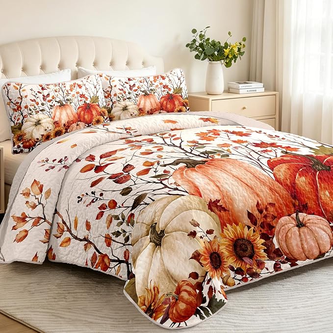 WONGS BEDDING Fall Harvest Pumpkin Quilts Queen Size, Thanksgiving Bedspread | - Image 3