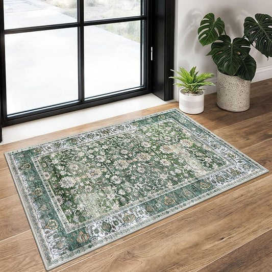 KUTA Vintage Floral Green Entryway Rug 2x3, Kitchen Rugs Non-Slip Washable Throw Rug, Ultra Thin Soft Print Front Door Mat Indoor Doormat for Entrance, Bedside, or Small Spaces
