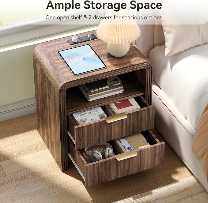 Decofy Fluted Nightstand with Charging Station, 19.7'' Wide Morden End Table - Image 4