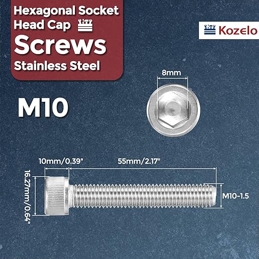 Kozelo 10pcs Socket Head Cap Screws - [M10-1.5 x 55mm] 304 Stainless Steel Allen Socket Drive for Electrical Motor 3D Printing Fan Engine Replacement Use, Silver