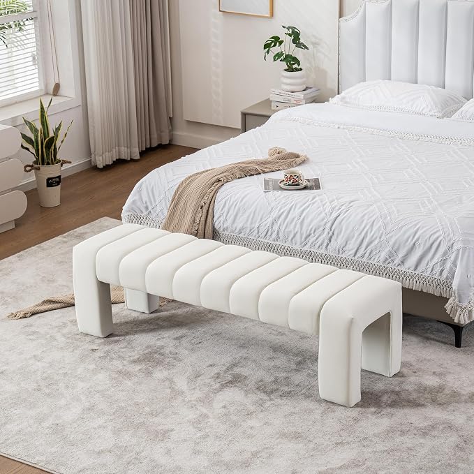 59" Velvet Bench for Bedroom King Size Bed Window End of Bed, Ivory White | - Image 3
