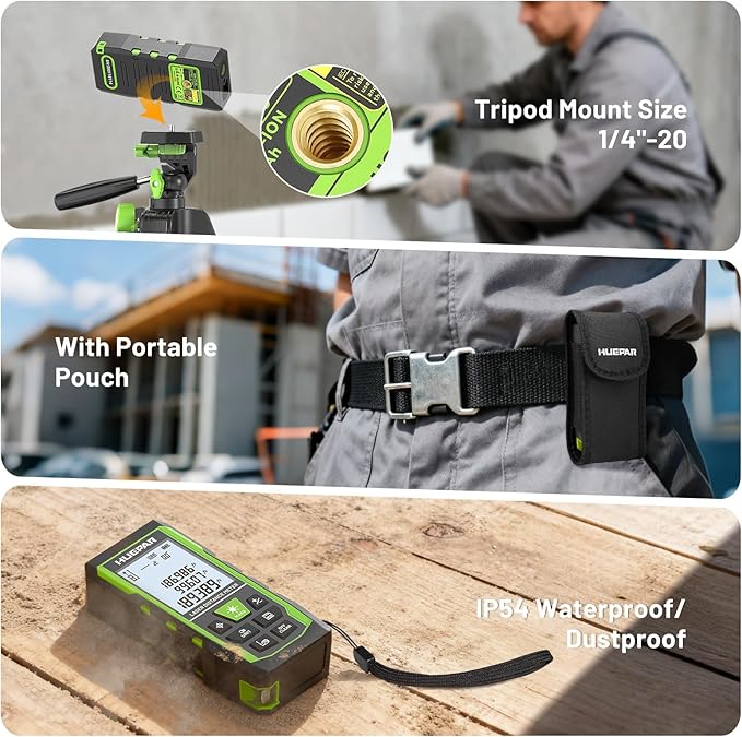 Laser Measuring Tool 3-in-1, Huepar 165 Ft Laser Measure & 33 Ft Green Cross Line Laser Level & 6.5 Ft Tape Measure, Rechargeable, Voice Broadcast, Multi-Mode, Rugged for Construction&Home Use, SW-T50