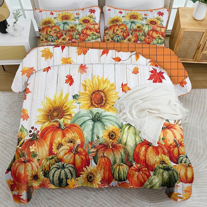 Yiran Happy Thanksgiving Harvest Quilt King Size, Fall Bedding Set | Pumpkin - Image 2