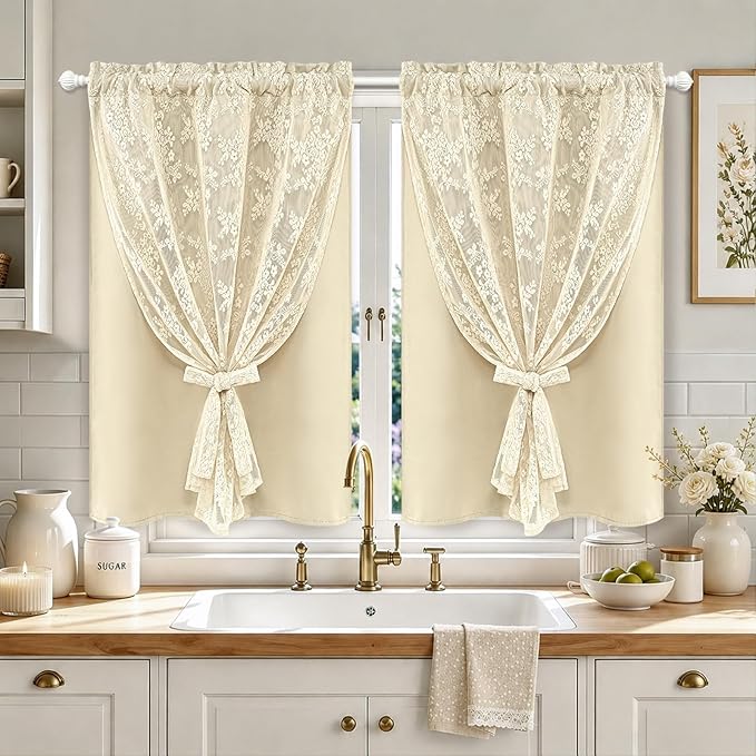 Yinhua Double Layer Kitchen Curtains 36 Inch Length Beige Blackout Curtains by yinhua