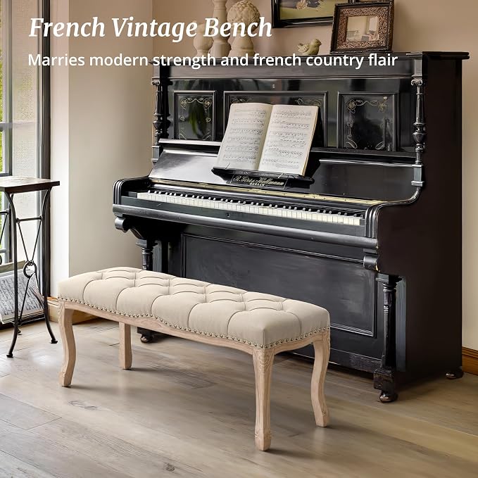 Bedroom Bench, French Vintage Tufted Entryway Bench, 45.2" Carving Upholstered - Image 6