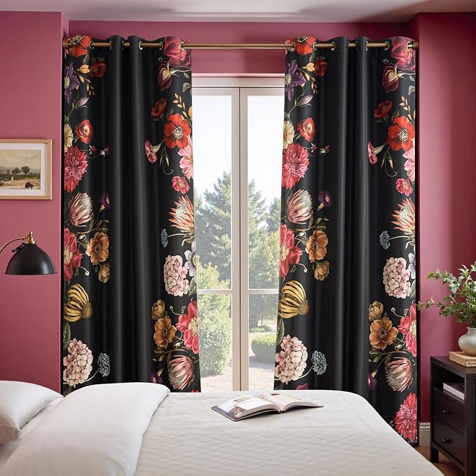 jinchan Black Floral Blackout Curtains 96 Inch Vintage Grommet 2 Panels | Room - Image 5
