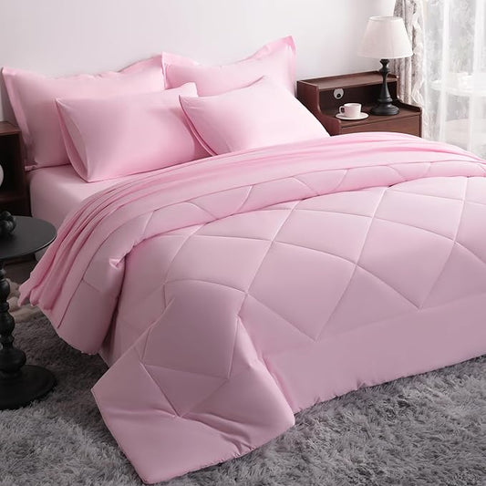 NTBAY Queen Comforter Set with Sheets, 7 Pieces Soft and Breathable Queen Bedding Set, Bed in a Bag, Down Alternative Comforter Set Solid Color All Season, Queen Bedding Set, Pink