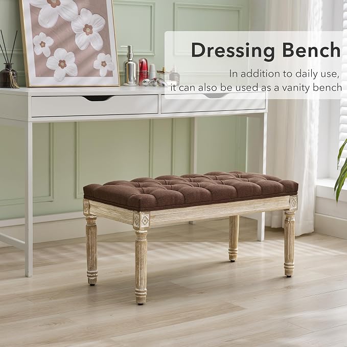 LOULENS 31'' Entryway Bench, Linen Upholstered End of Bed Bench, Brushed Wood - Image 7