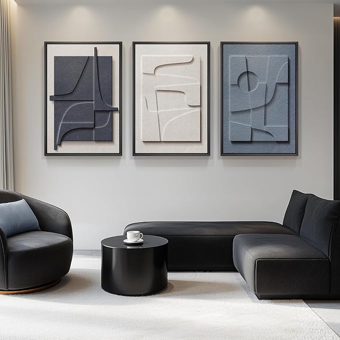 Large 3D Textured Framed Blue and White Abstract Wall Art - Image 3