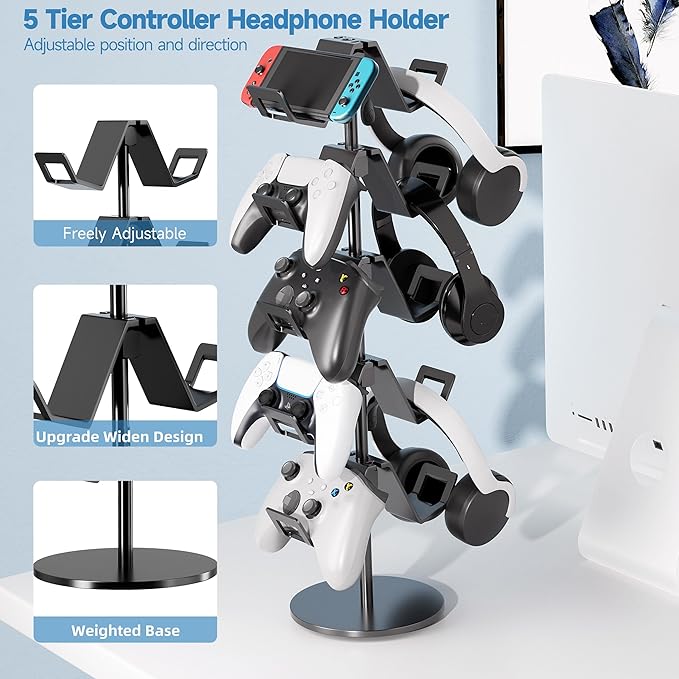Qpfctwil Controller Stand,5 Tier Controller Headphone Holder for Universal Headsets and Controllers,Black