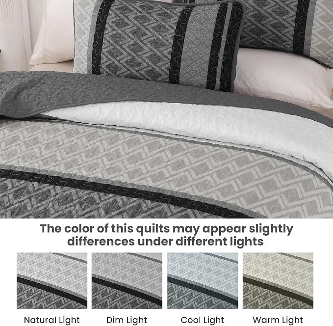 Dinjoy Striped Quilts Queen Size, Fall Bedspread Bedding Set, Dark Grey | 3 - Image 8