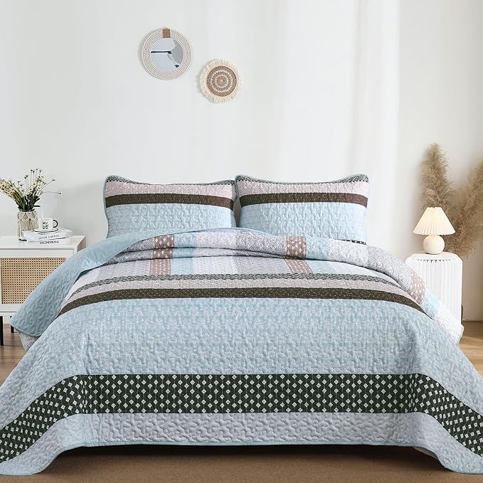 WONGS BEDDING Boho Quilt King Size, Patchwork Bedding Set, 3 Pieces Plaid - Image 2