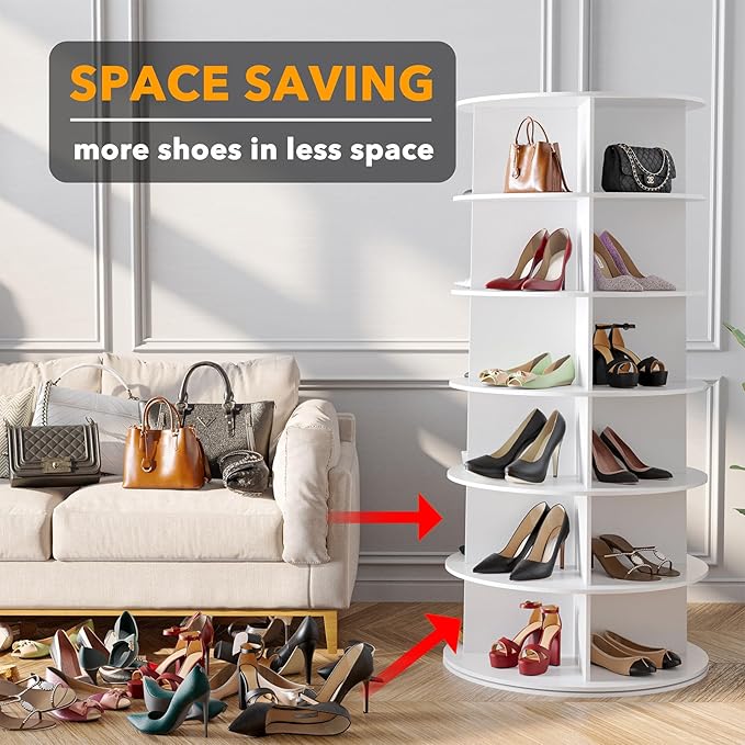 SpaceAid 6 Tier Rotating Shoe Rack Tower, Spinning Shoe Display Lazy Susan, Revolving 360 Shoe Rack Storage Round Carousel, Vertical Handbag Rotate Shoes Closet Organization (6-Tier White)