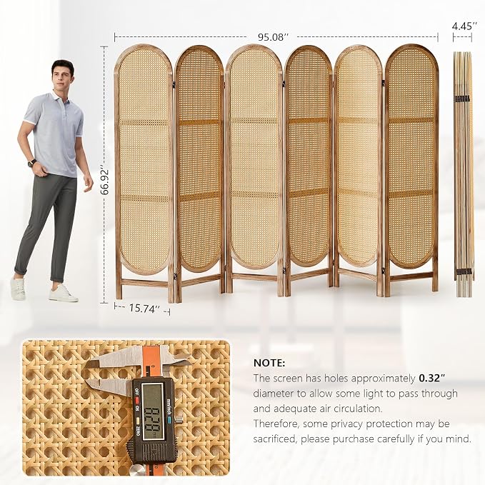 6 Panel Rattan Room Divider, Folding Room Divider Screen, Natural | Pine Frame - Image 3