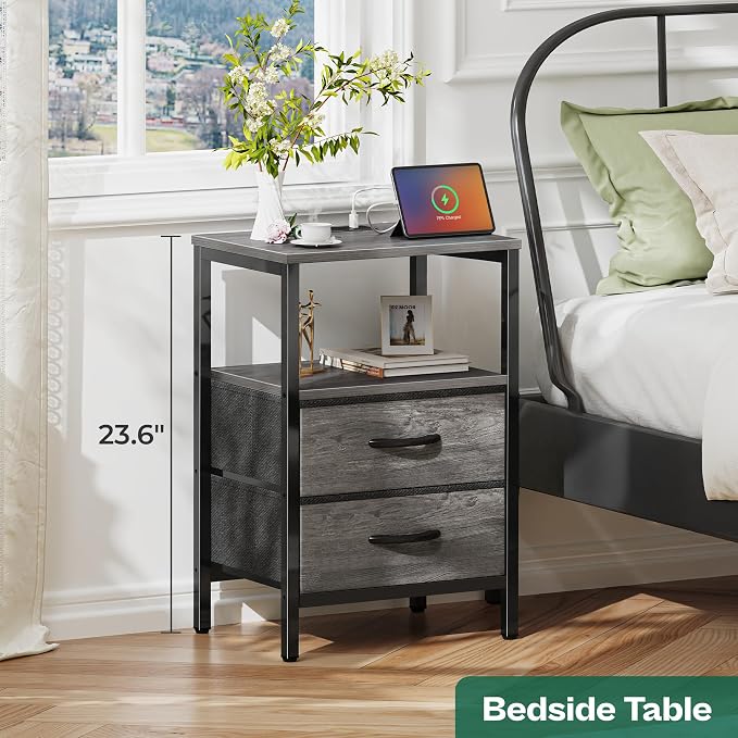Huuger Nightstand with Charging Station, Side Table with Fabric Drawers | End - Image 3