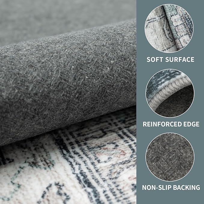 9x12 Vintage Washable Area Rug for Living Room,Low Pile Non Slip Carpet Non-Shedding Large Area Rug Soft Indoor Stain Resistant Rug Boho Print Mat for Bedroom Dining Room Blue Beige Multi