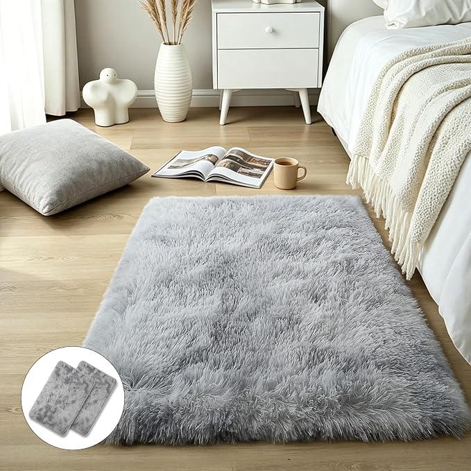 Light Grey Fluffy Shag Rug 2x3, living room, kids room, boys and girls by KICHOWUA