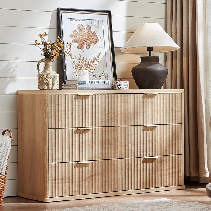 LEYAOYAO Fluted 6 Drawers Dresser for Bedroom, 48" Wide Modern Chest of Drawers with Metal Handle, Natural Curved Profile Farmhouse Closet Organizer Wood Dressers TV Stand for Living Room, Hallway
