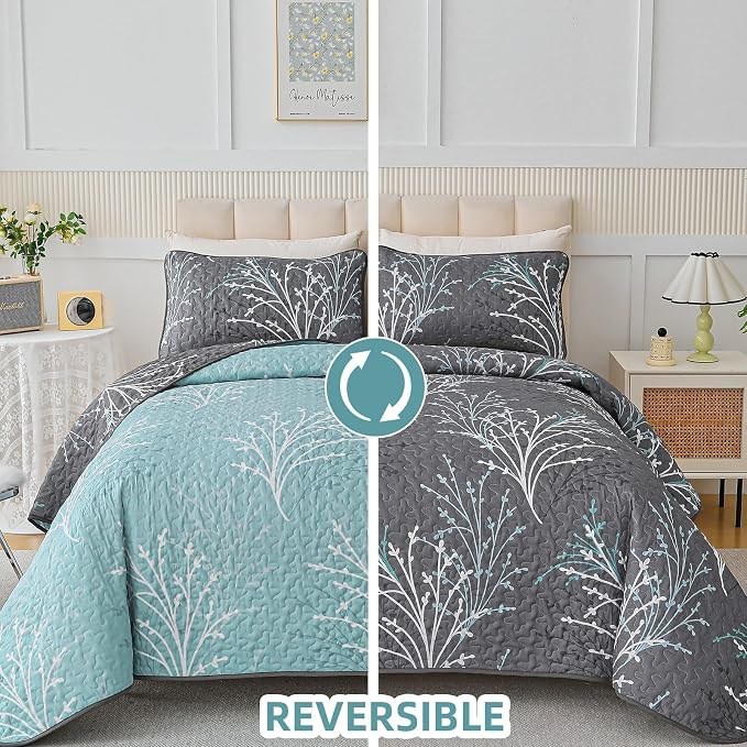 DJY Queen Size Quilt Set Grey Blue Reversible Bedspread Bedding Set | 3 Piece - Image 6