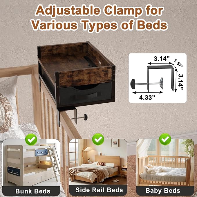 2 Tier Bedside Shelf, Clip on Bedside Caddy Organizer - Image 5