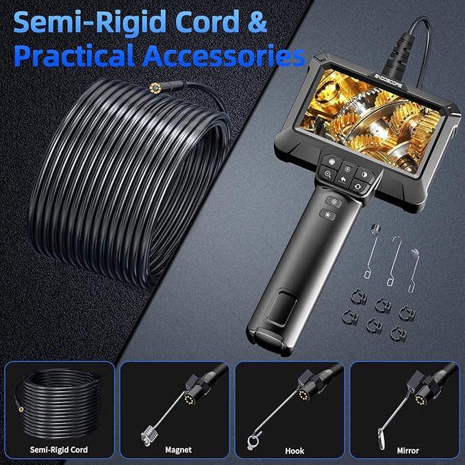 WINWEND Endoscope Camera with Light - IP67 Waterproof Borescope Camera with 8 Adjustable LED Lights | 4.3" LCD Screen Borescope | HD 1080P Inspection Cameras with 16.5ft Semi-Rigid Cord Tools for Men