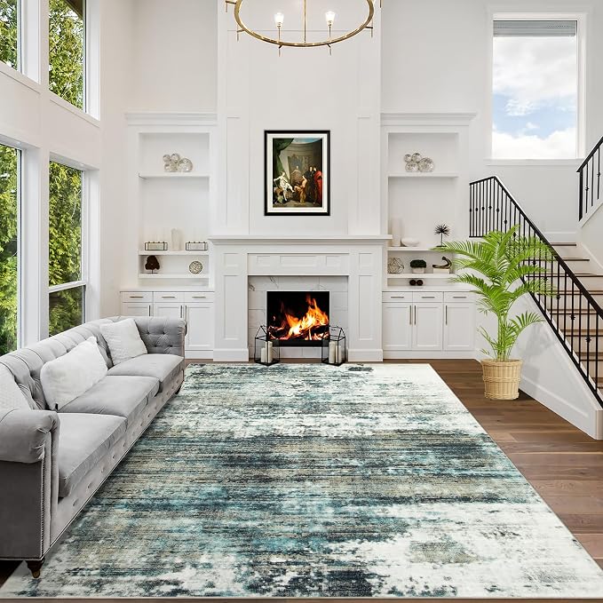10x14 Area Rugs for Living Room: Washable Abstract Teal Green Carpet | Non-slip by GENTDRIZZ