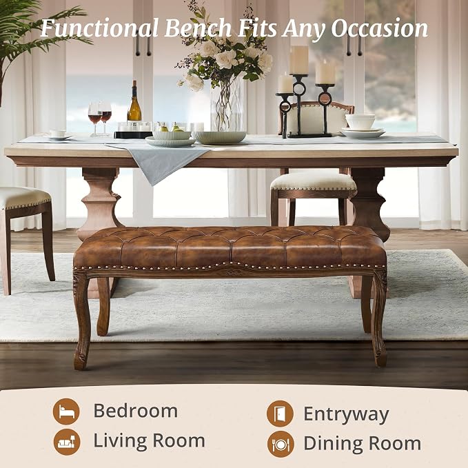 Bedroom Bench, French Vintage Tufted Leather Bench, 45.2" Carving Upholstered - Image 6