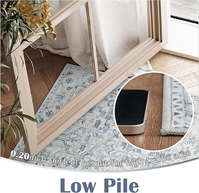jinchan Lima Runner Rug 2x5 Washable Hallway Runner - Vintage Floral Non Slip Low-Pile Soft Ultra-Thin Kitchen Rug Distressed Carpet for Farmhouse Bedroom Entryway Laundry Room (2x5ft, Blue)