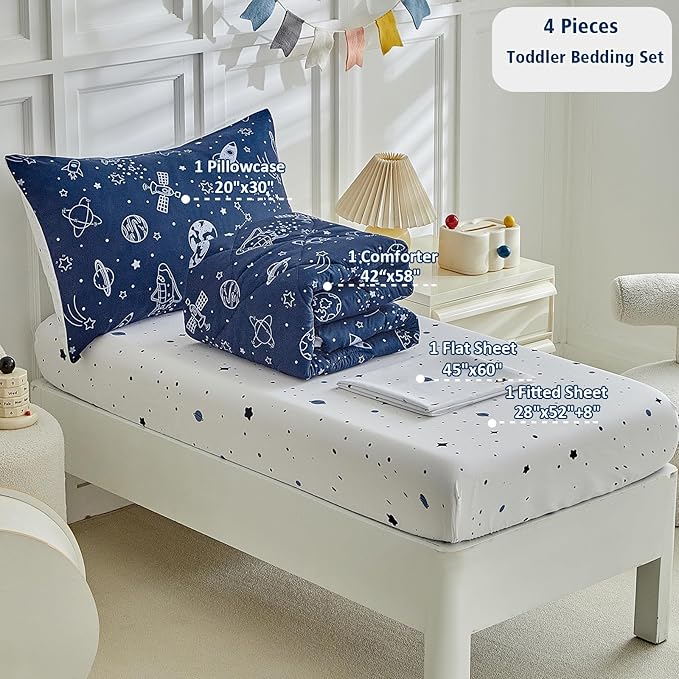 DuShow Navy Blue Toddler Bedding Set for Boys,4 Pieces Space Crib Bed Sheets Set,Soft Toddler Comforter Set in a Bag, Includes Quilted Comforter, Flat Top Sheet, Fitted Sheet, Envelope Pillow Case